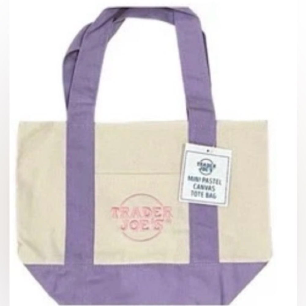 Trader Joe’s Mini Pastel Canvas Tote Bag Set Of 2 Easter Spring ~ Pink/Purple 🩷💜 - Picture 3 of 6